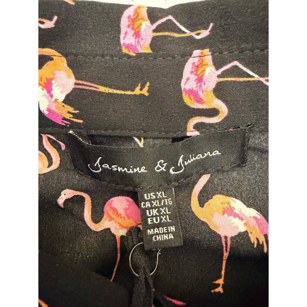 Jasmine & Juliana Flamingo Print Button-Up Shirt XL Black/Pink/Yellow - Picture 5 of 7
